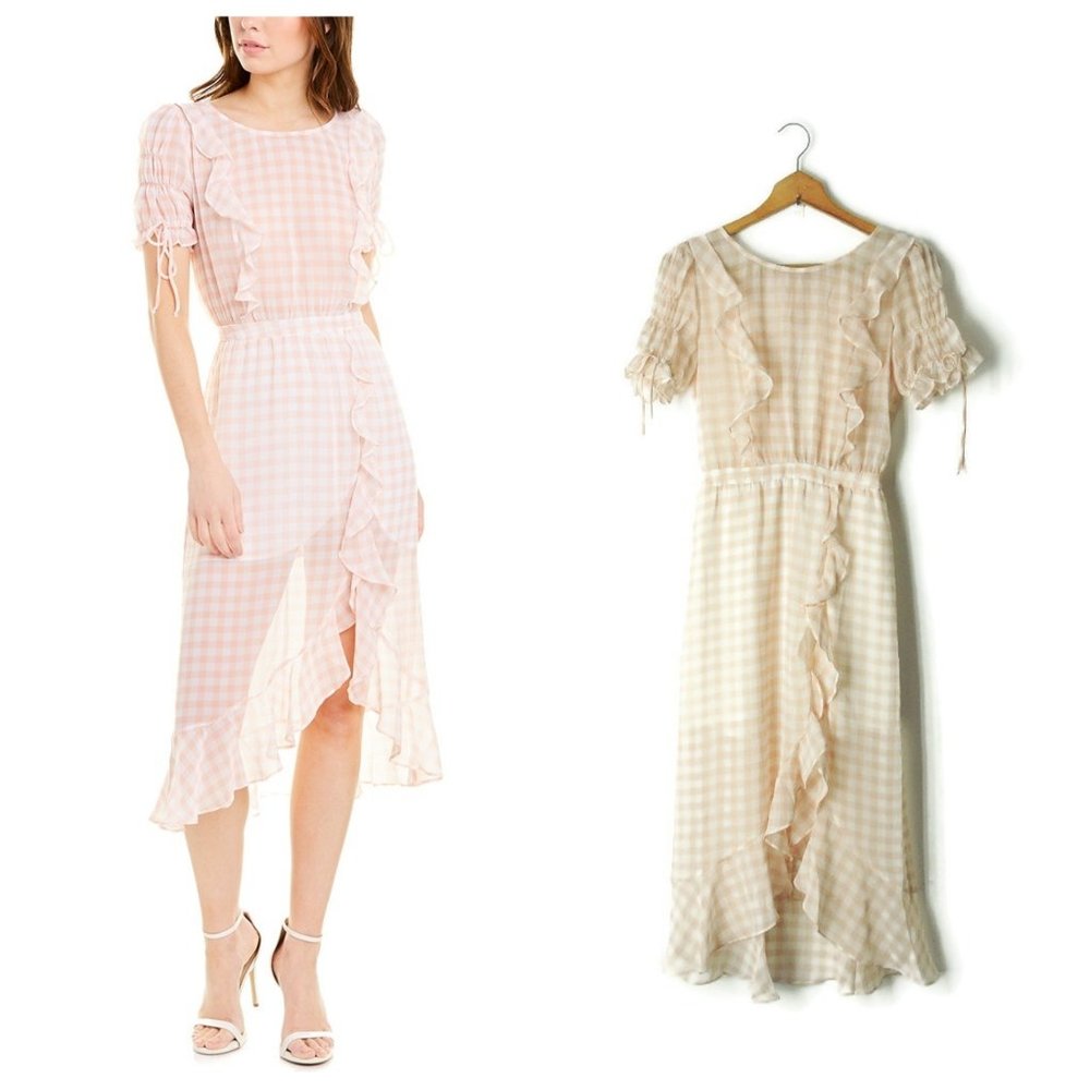 For Love and Lemons Pink Gingham Dorothy Midi Dress ruffles sheer chiffon XS